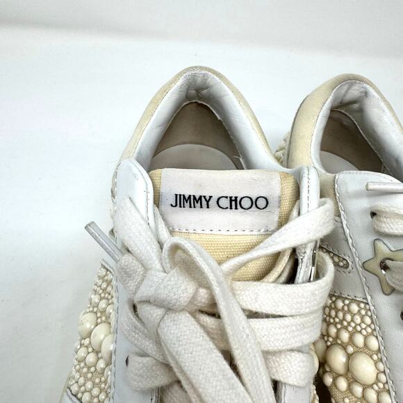 Jimmy Choo Hawaii Leather Pearl Sneakers Shoes 37.5 7.5 White Embellished - Picture 8 of 12